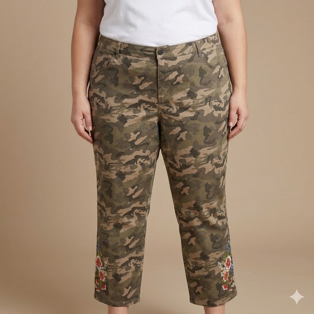 Laurie Felt Power Silky Ankle Straight Camo Floral Embroidered Pants Plus 3X EUC